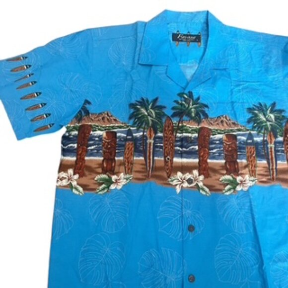 NEW Favant Aloha Shirt‎ Men’s Size Large Hawaiian Blue Short Sleeve Button Up - Picture 1 of 14